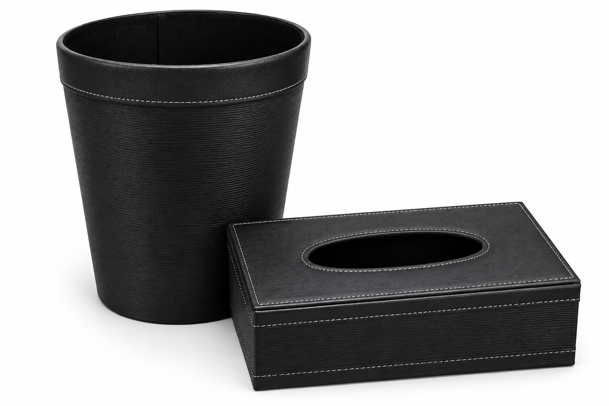Black Textured Leather Tissue Box & Wastebasket Set
