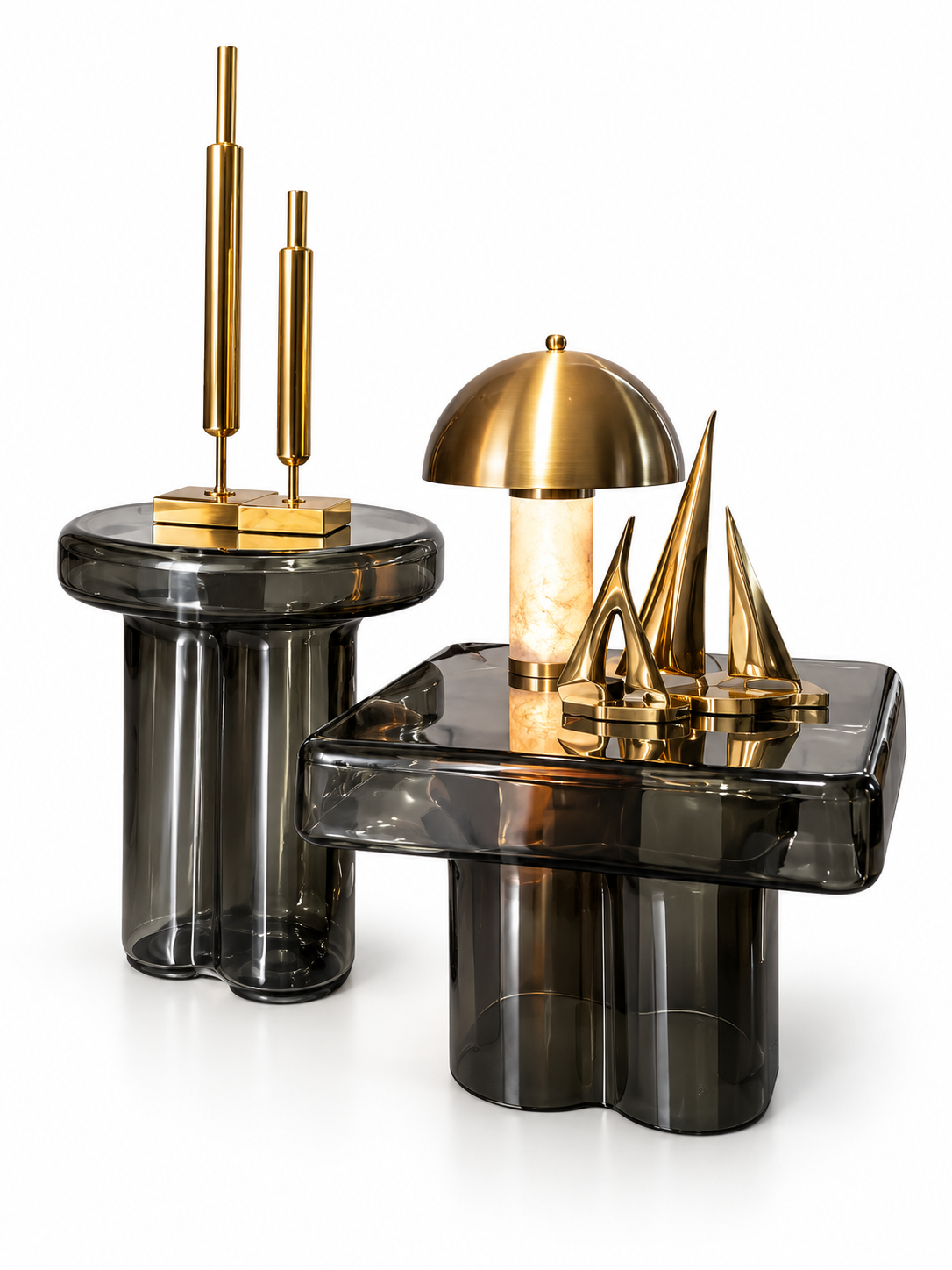 Noir Luxe Smoked Glass Side Tables with Gold Décor