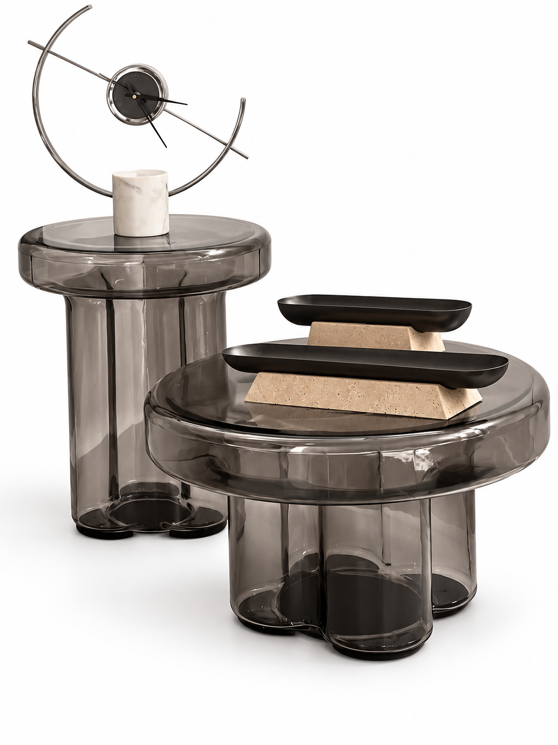 Smoky Glass Side Tables with Sculptural Décor