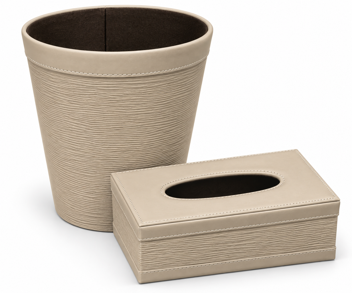 Beige Textured Leather Tissue Box & Wastebasket Set